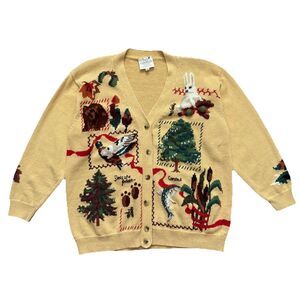 Vintage 90s Susan Bristol Hand Knit Novelty Cardigan Sweater XL Woodland Animals